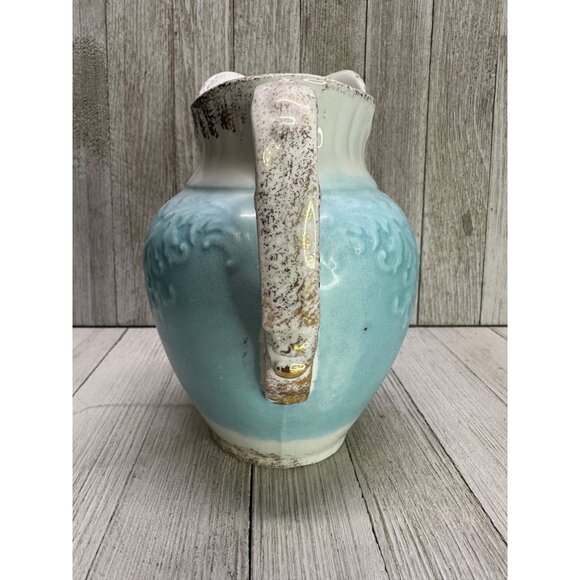 W.H Grindley & Co England Antique Pitcher Porcelain Blue White Gold 7" Tall - Picture 3 of 11